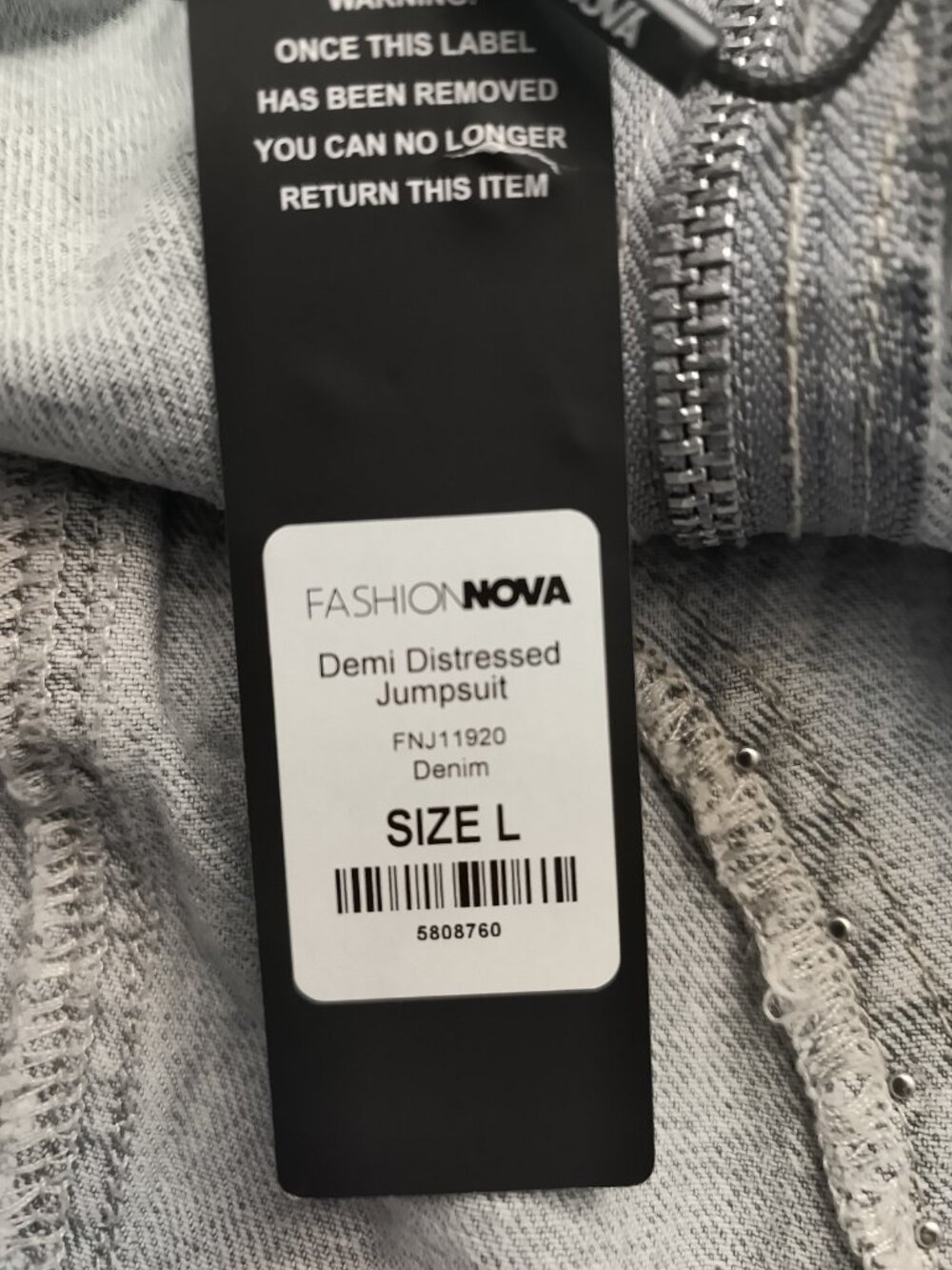 Fashion Nova Distressed Grey Denim Jumpsuit with Stud Details - Picture 13 of 16